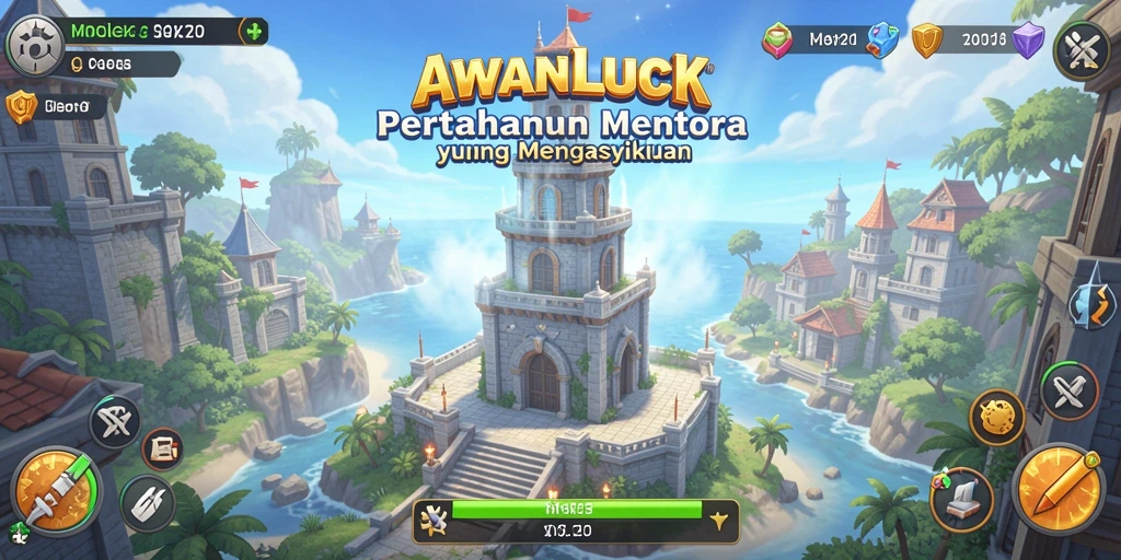 Gameplay AWANLUCK menampilkan pertahanan menara yang intens dan strategis.