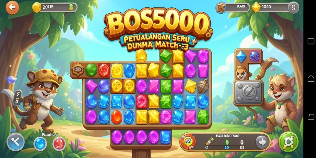 Screenshot gameplay <strong>BOS5000</strong> menampilkan aksi mencocokkan batu permata dalam warna-warni.
