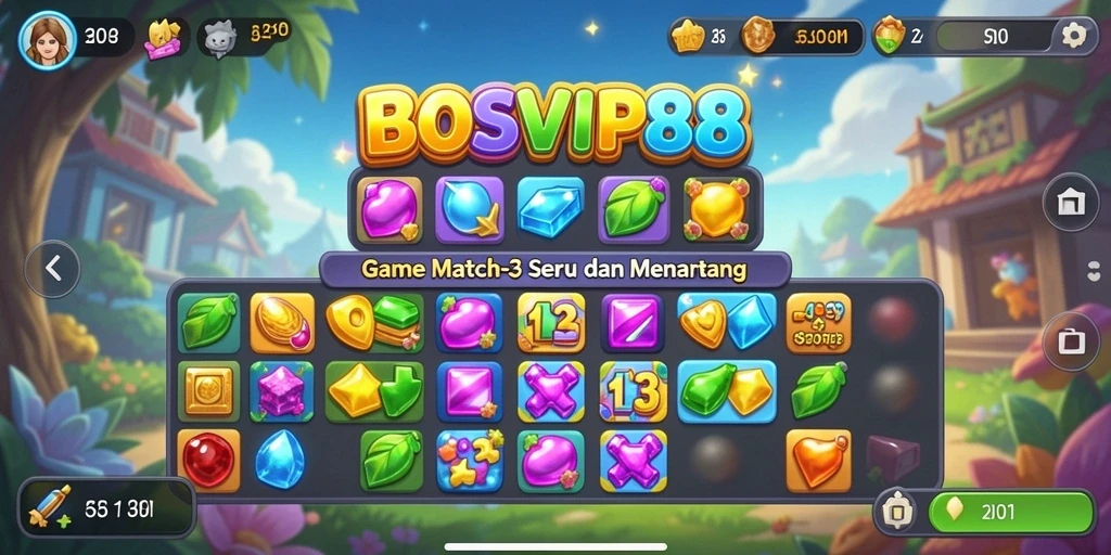 Screenshot gameplay utama BOSVIP88 dengan elemen Match-3 yang menarik.