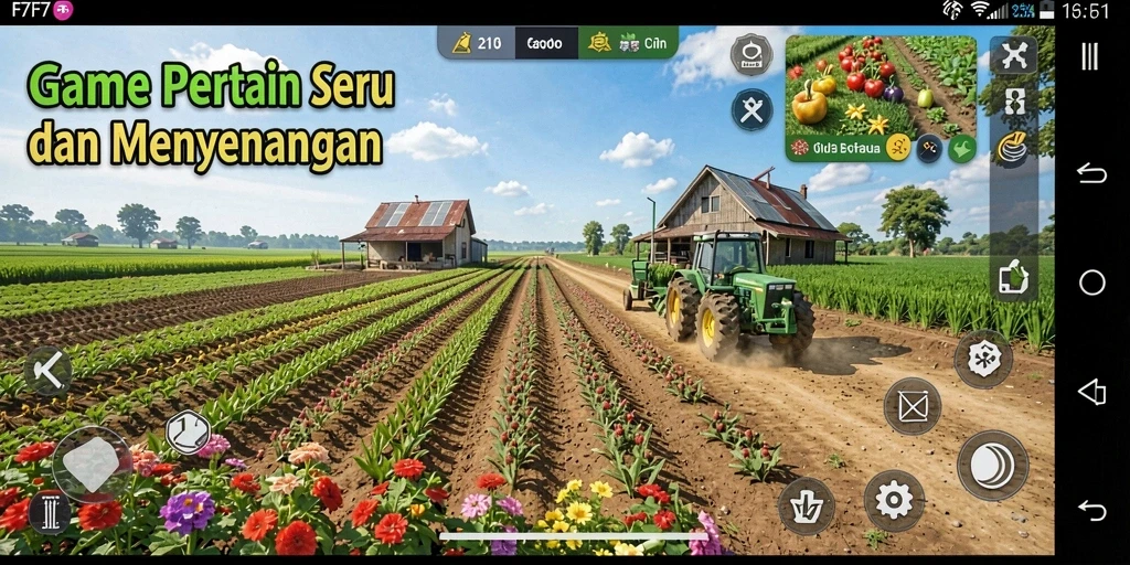 Tampilan gameplay F7F7 yang menunjukkan ladang subur dan hewan ternak.