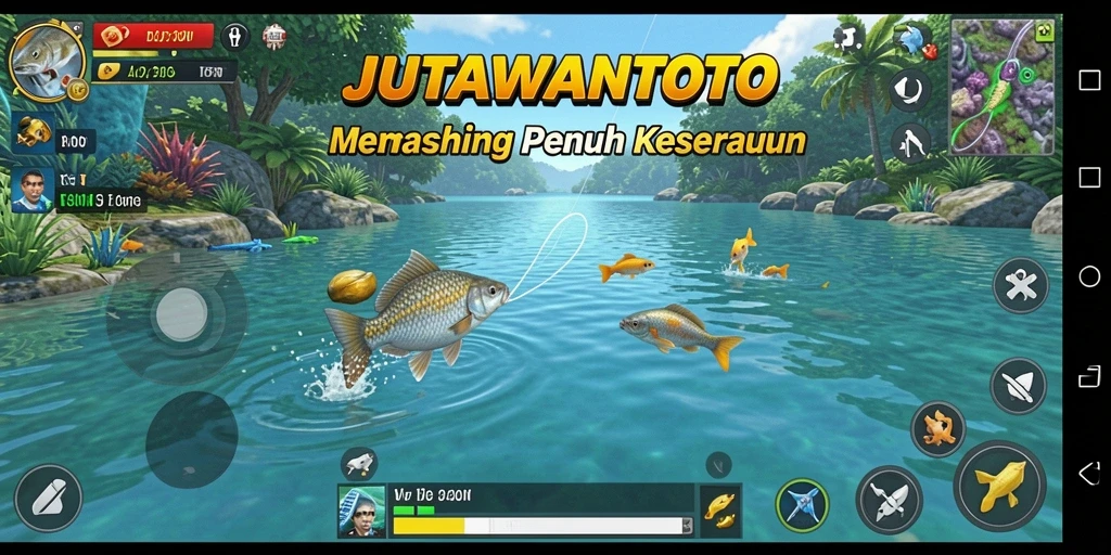 Screenshot gameplay JUTAWANTOTO menampilkan aktivitas memancing yang mendebarkan.