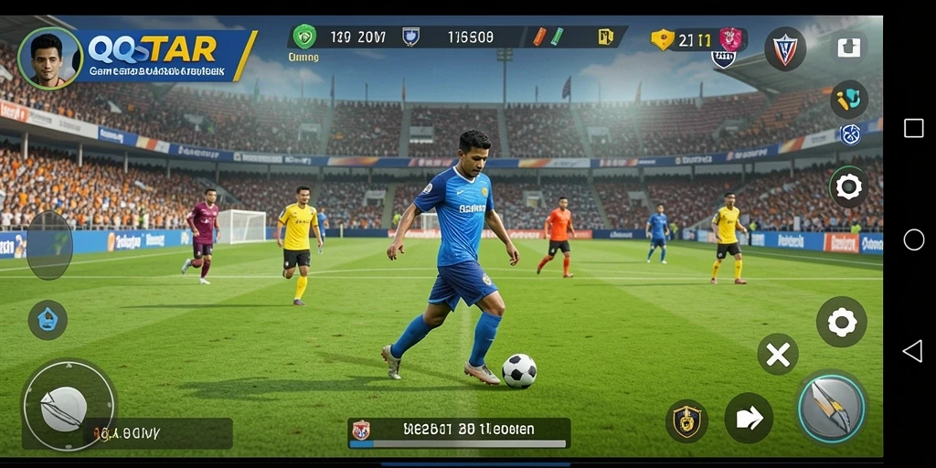 Tampilan screenshot QQSTAR menampilkan intensitas pertandingan sepak bola yang mendebarkan.
