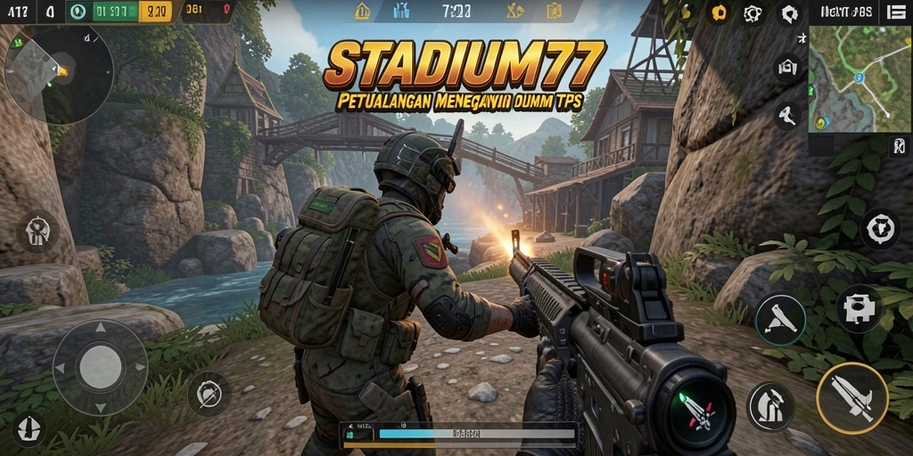 Screenshot STADIUM77 menampilkan aksi tembak-menembak mendebarkan.