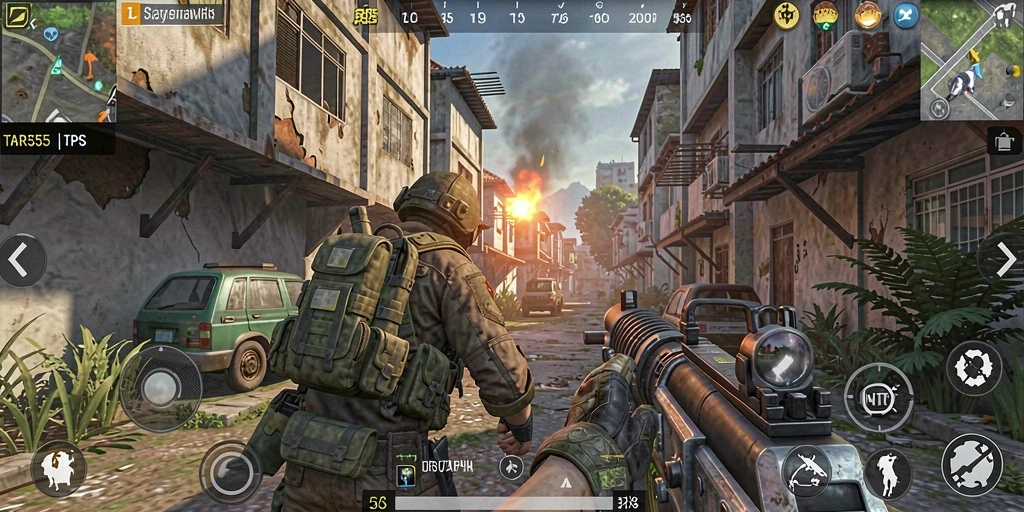 Screenshot gameplay TAR555 menunjukkan aksi tembak-menembak yang mendebarkan.
